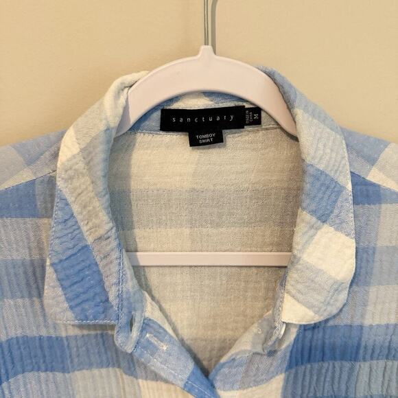 Sanctuary Women Blue White Soft Long Sleeve Plaid Tomboy Shirt Top Medium 1842 - Picture 6 of 10
